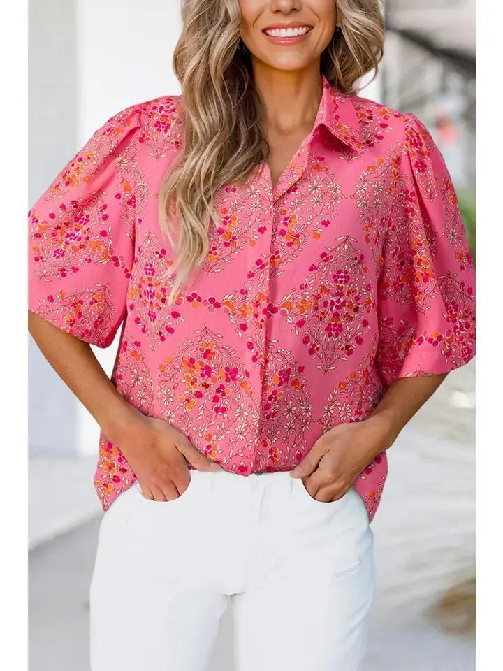 Floral Print Wide Short Sleeve Summer Shirt