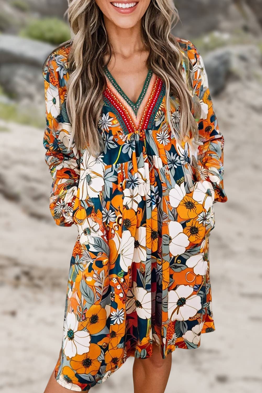 Floral Print Striped Lace V Neck Fall Mini Dress | S-XL