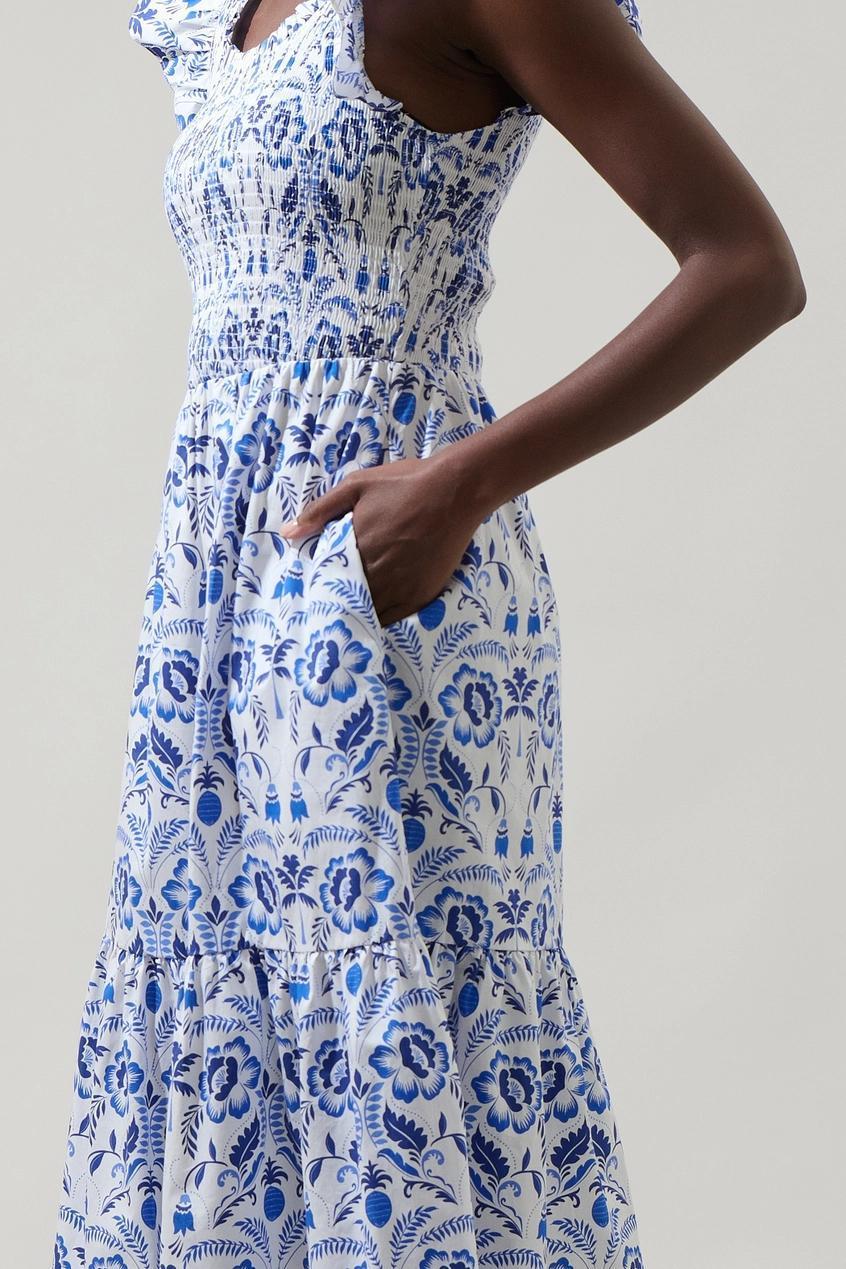 Marisol Floral Giza Glare Smock Tiered Midi Dress