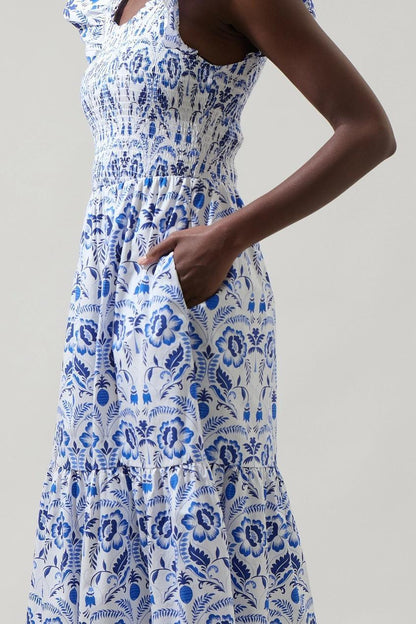 Marisol Floral Giza Glare Smock Tiered Midi Dress
