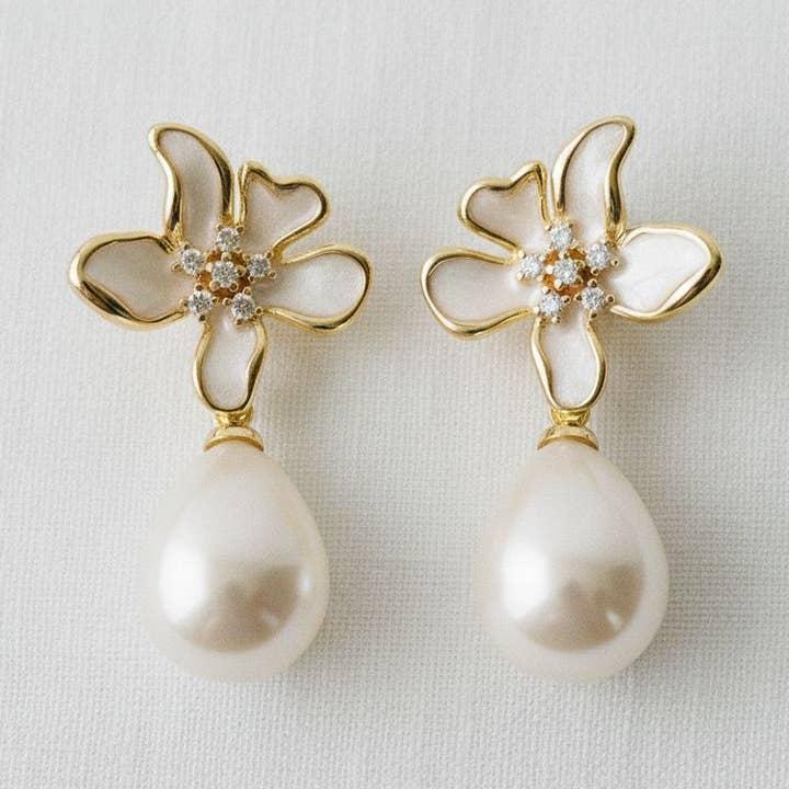 Floral Enamel Pearl Drop Earrings