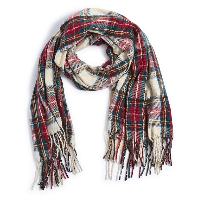 Winter White Tartan Scarf with Fringe Trim