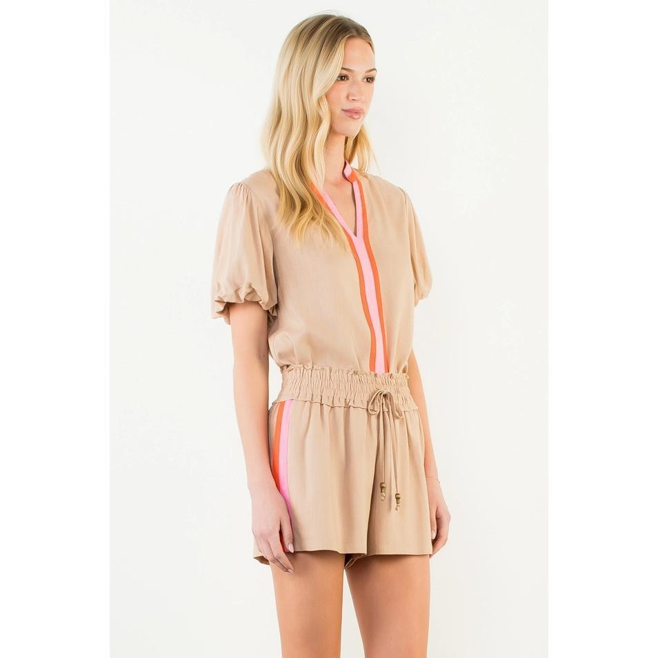 Puff Sleeve Stripe Detail V-Neck Top