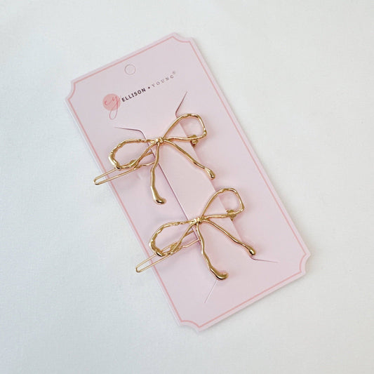 Wobbly Gold Metal Bow Hair Clip Set Of 2