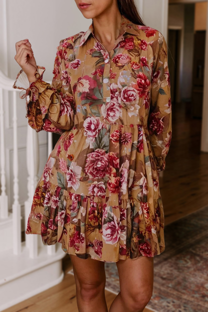 Vintage Floral Half Button Ruffle Mini Shirt Dress