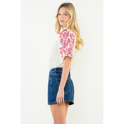 Floral Pattern Puff Sleeve V-Neck Top