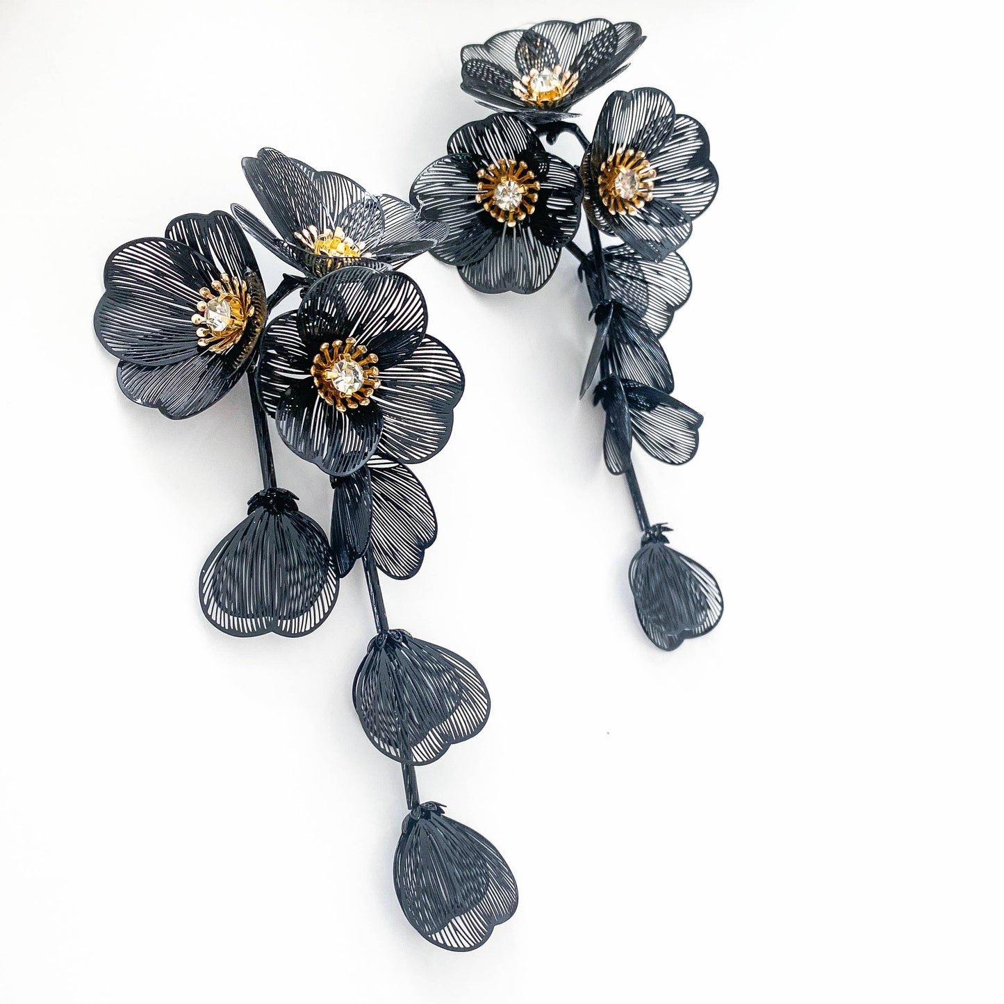 Waterfall Statement Black Flower Earrings