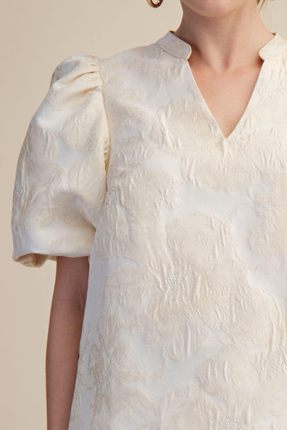 V-Neck Puff Sleeve Jacquard Top