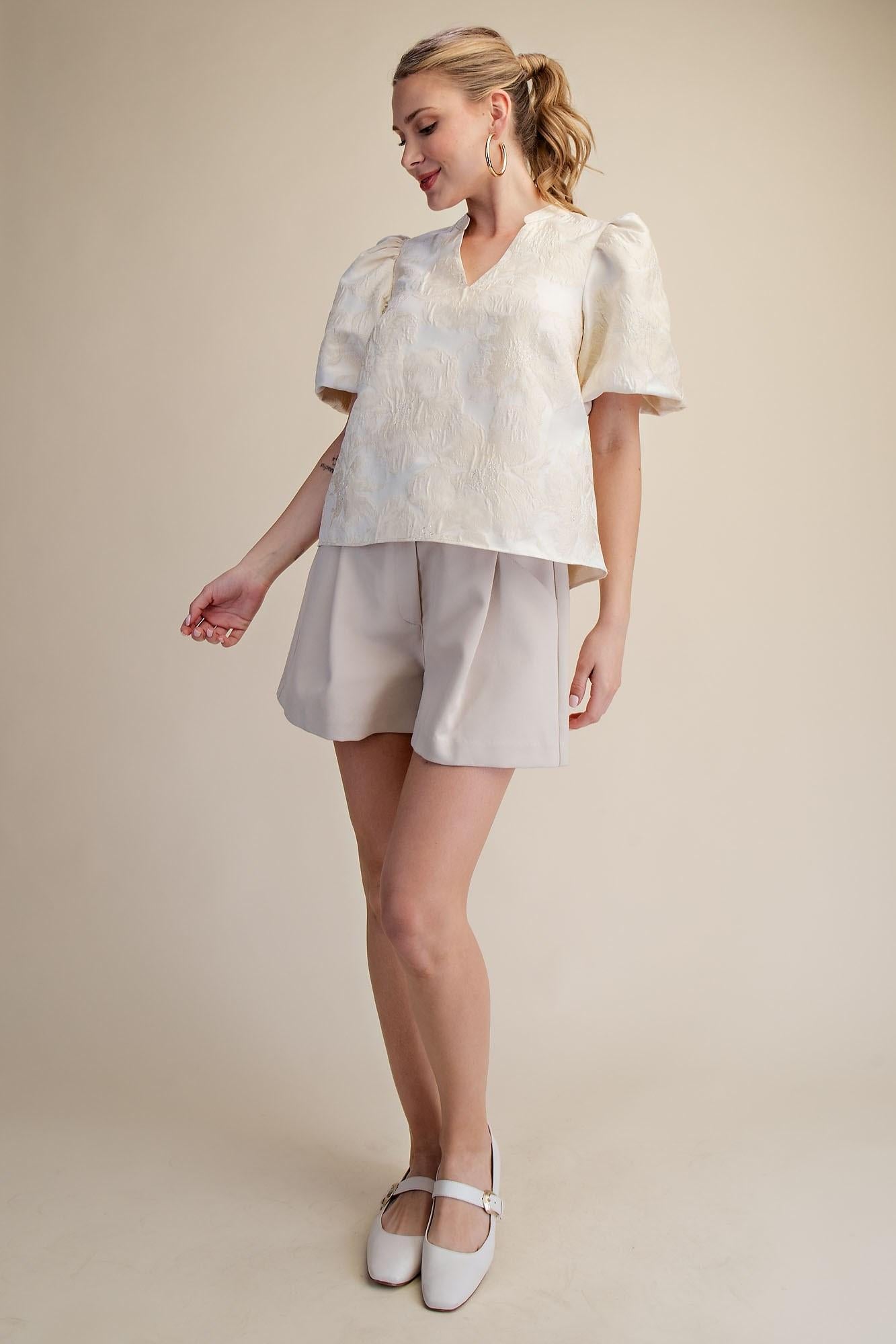 V-Neck Puff Sleeve Jacquard Top