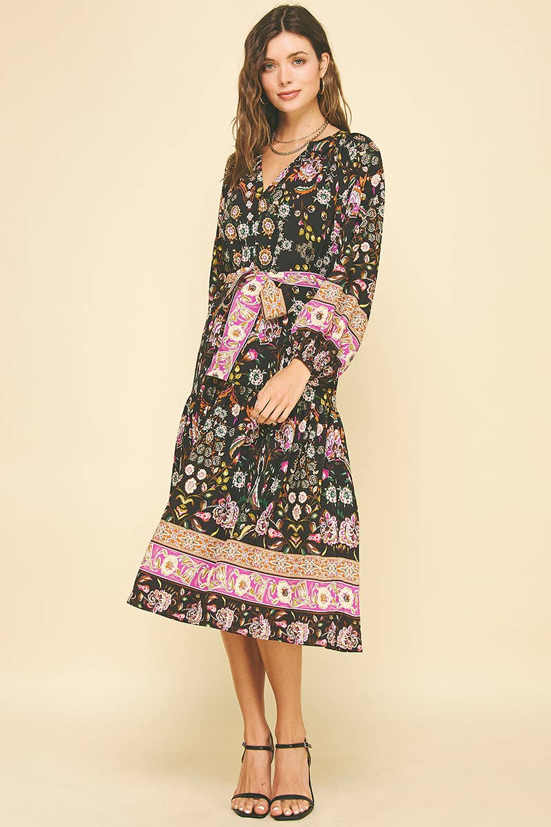 BORDER PRINT TIERED MIDI DRESS