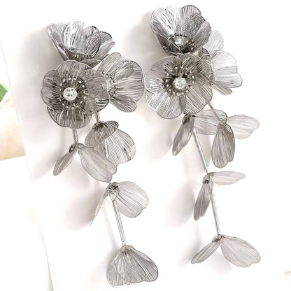 Waterfall Statement Silver Flower Earrings