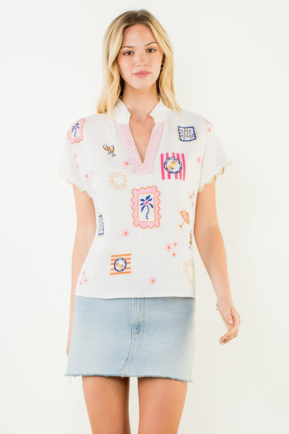 Short Sleeve Embroidered Icons Top
