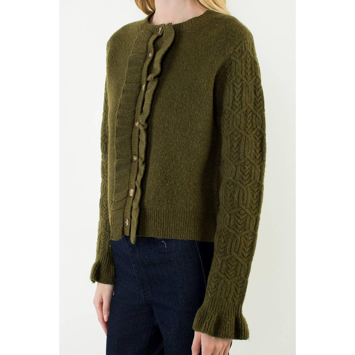 Ruffle Button Front Knit Cardigan