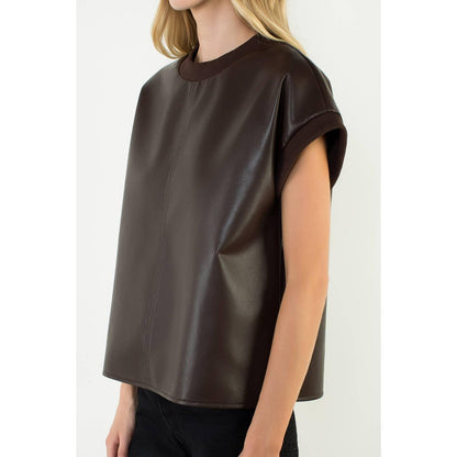 Leather Short Sleeve Crewneck Top