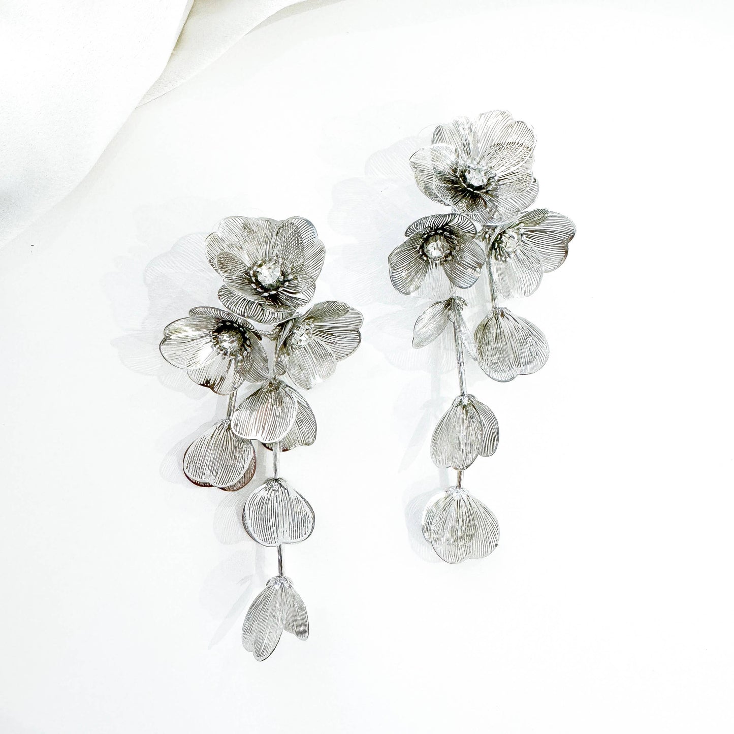Waterfall Statement Silver Flower Earrings