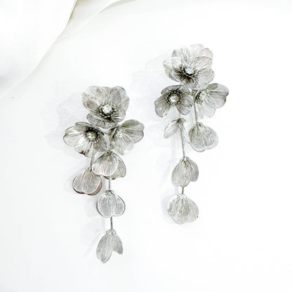 Waterfall Statement Silver Flower Earrings