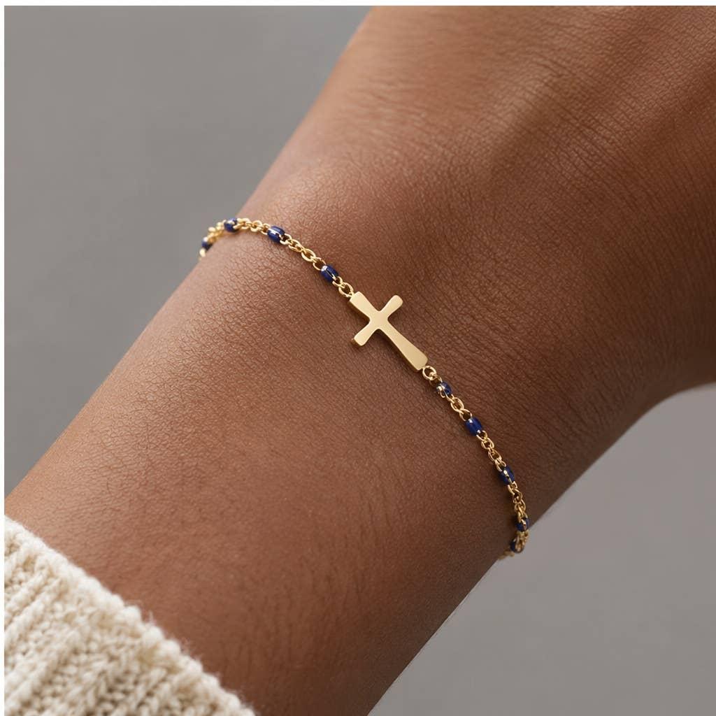 Colorful Enamel Bead and Cross Charm Bracelet