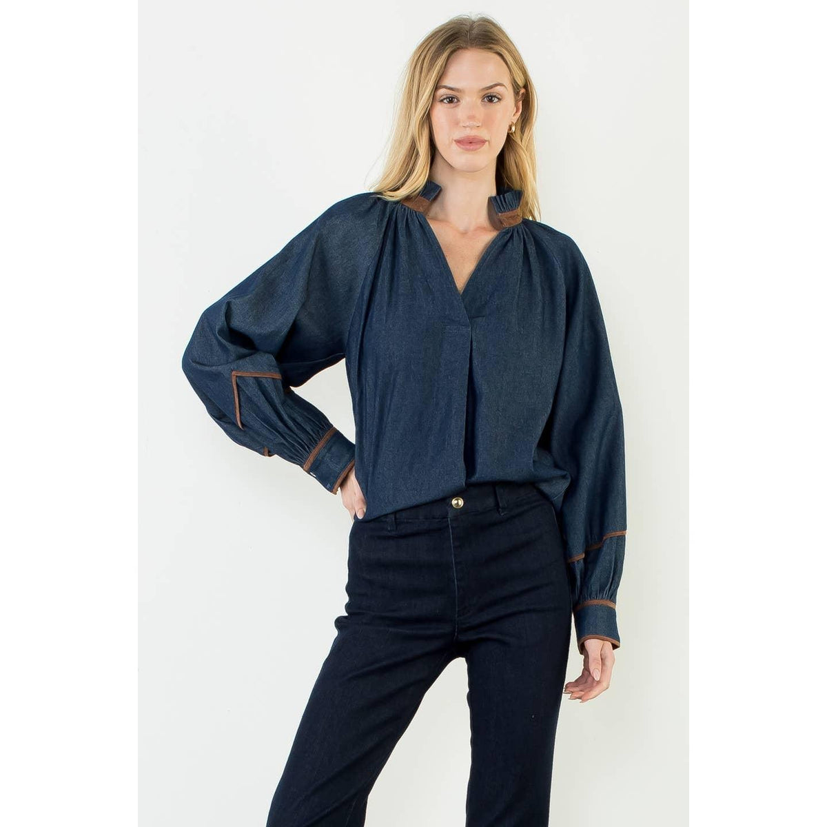 Denim High Low Top With Wide Sleeves