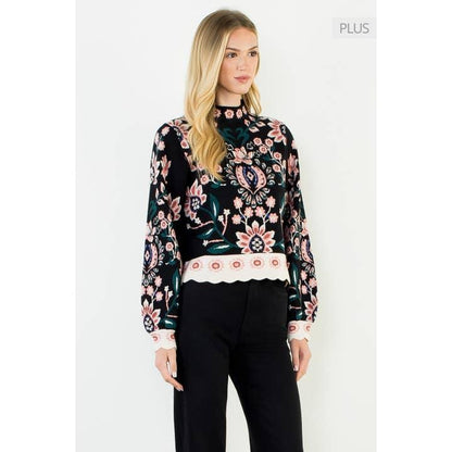 High Neck Long Sleeve Floral Sweater
