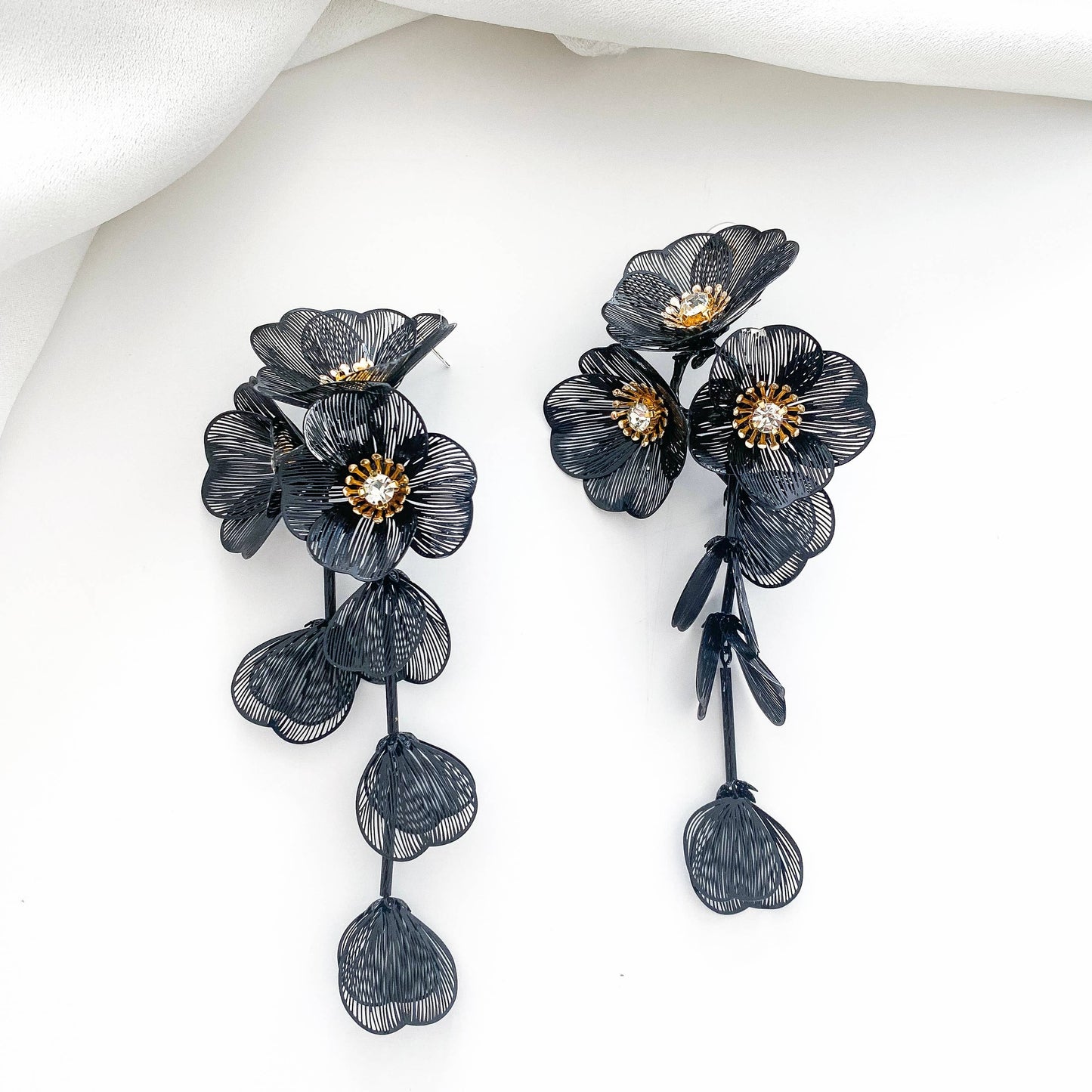 Waterfall Statement Black Flower Earrings
