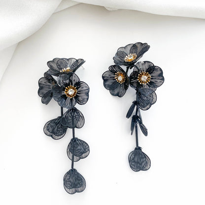 Waterfall Statement Black Flower Earrings