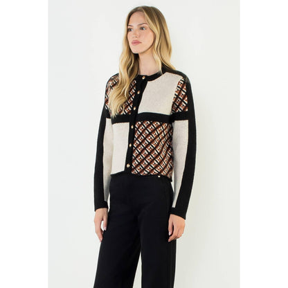 Geometric Pattern Cardigan With Gold Buttons