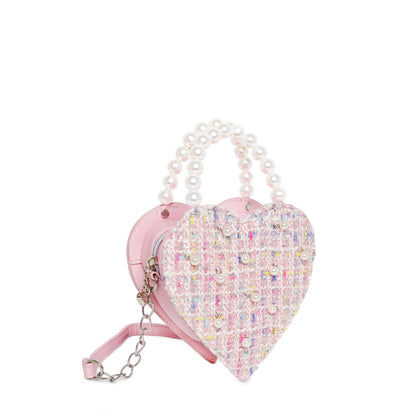 Tweed Heart Pearl Handle Crossbody Bag