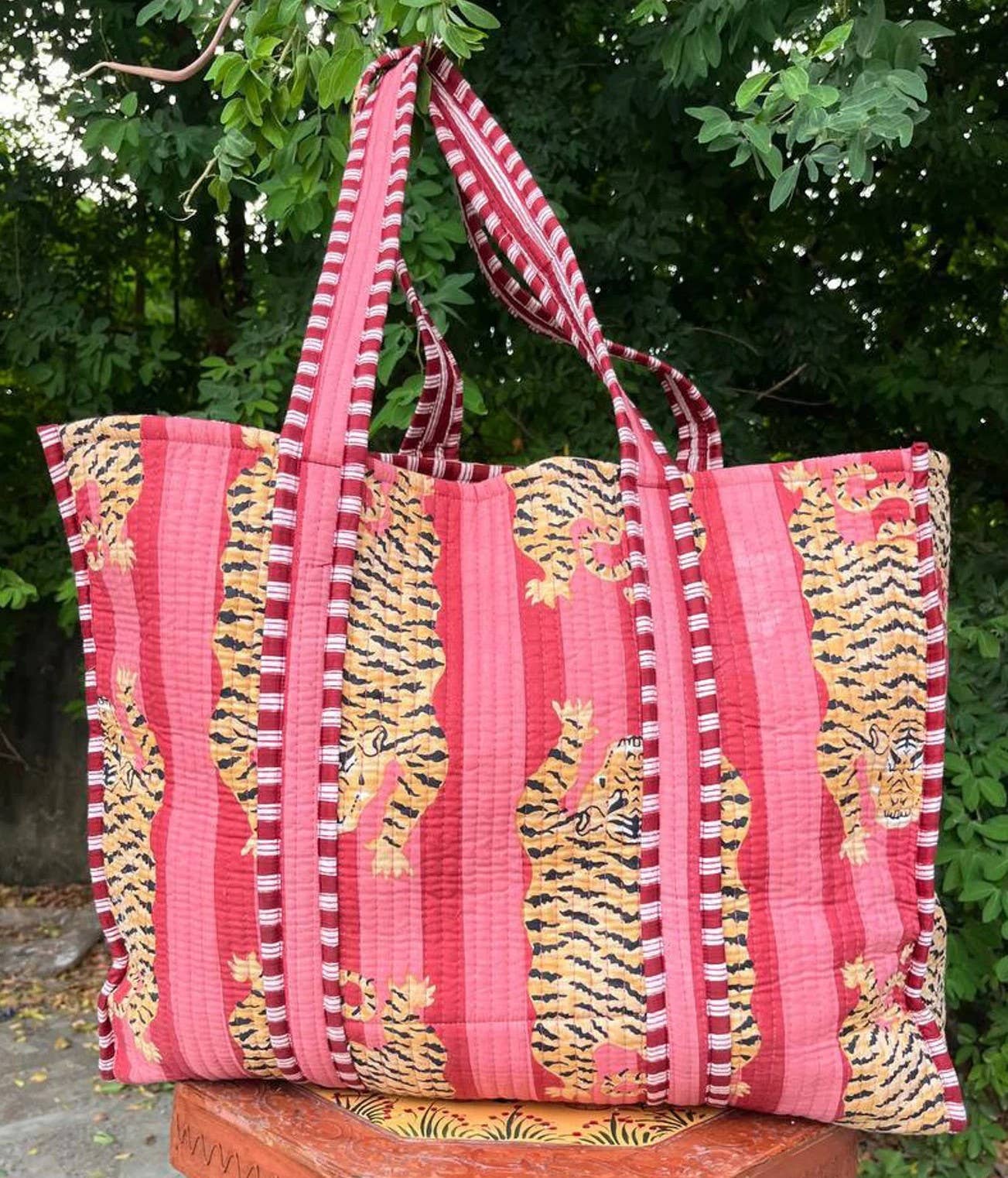 Dust Pink Tiger Cotton Quilted Tote Bag