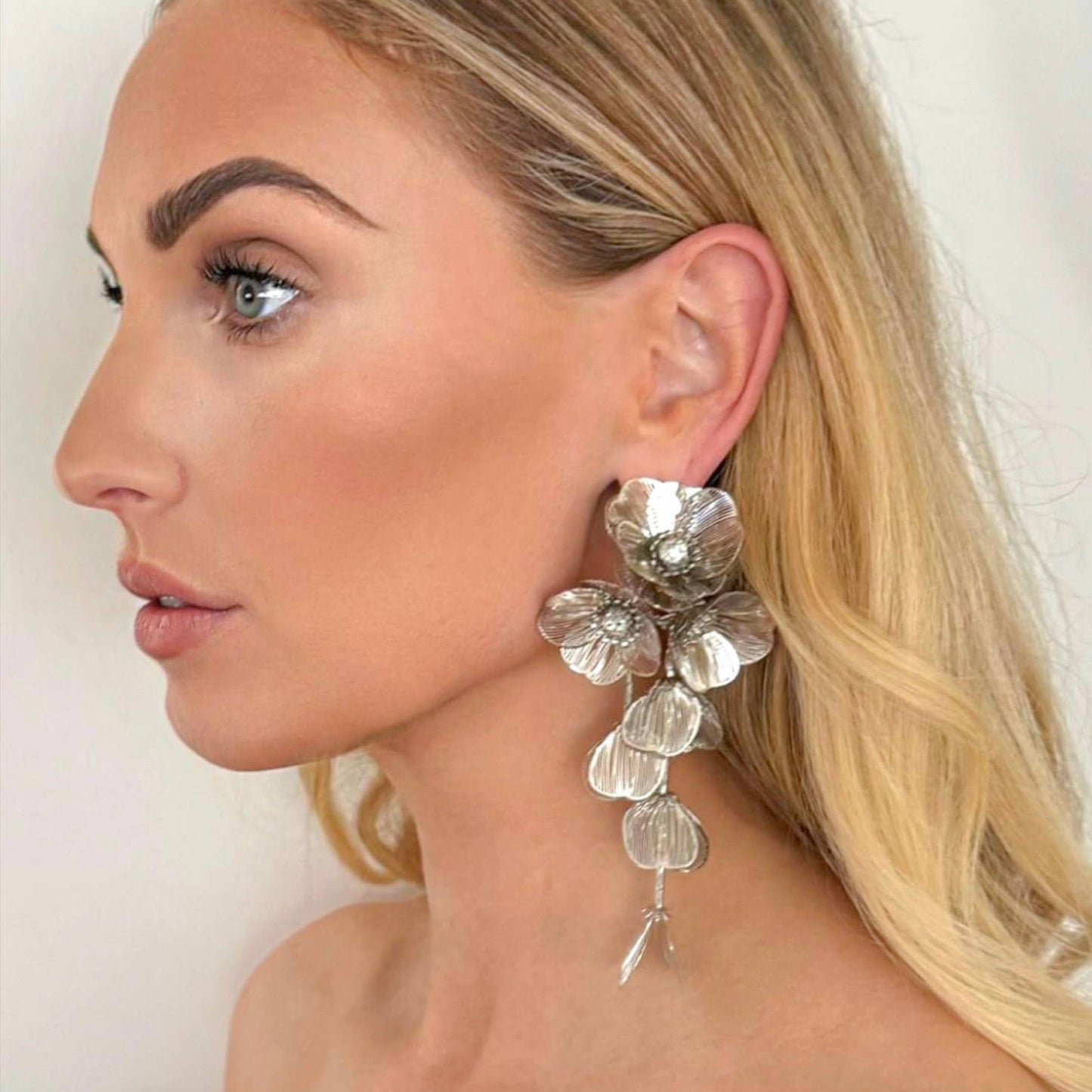 Waterfall Statement Silver Flower Earrings