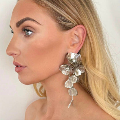 Waterfall Statement Silver Flower Earrings