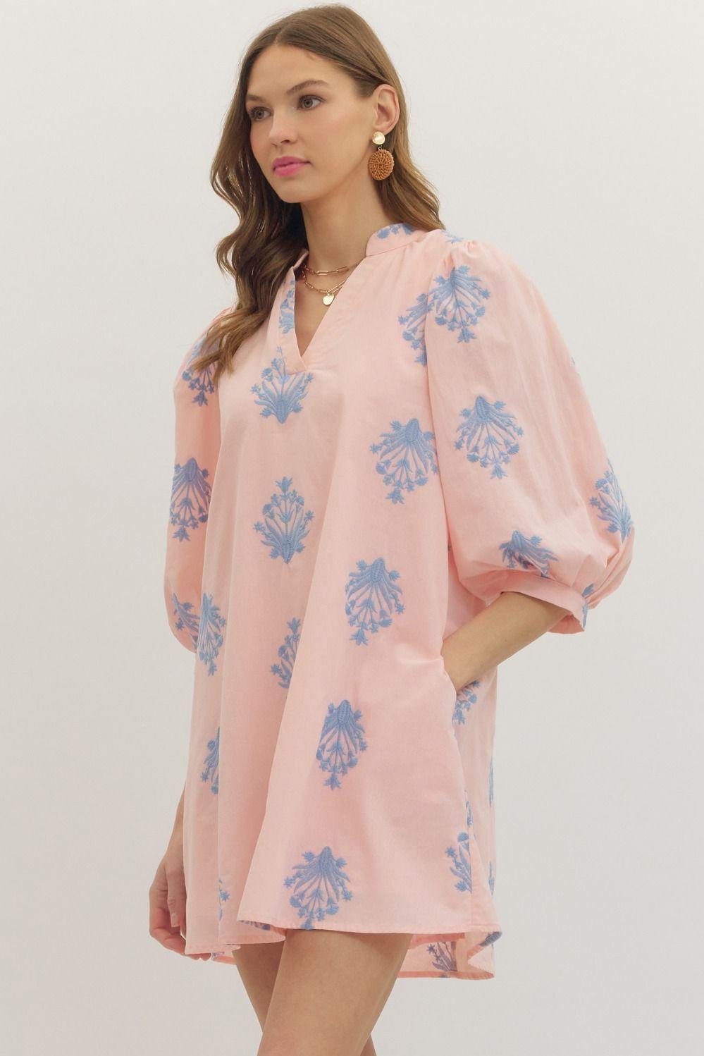 3/4 Puff Sleeve Embroidered Mini Dress