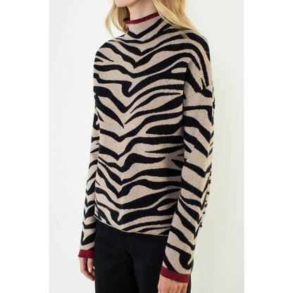 High Neck Zebra Printed Long Sleeve Knit Top