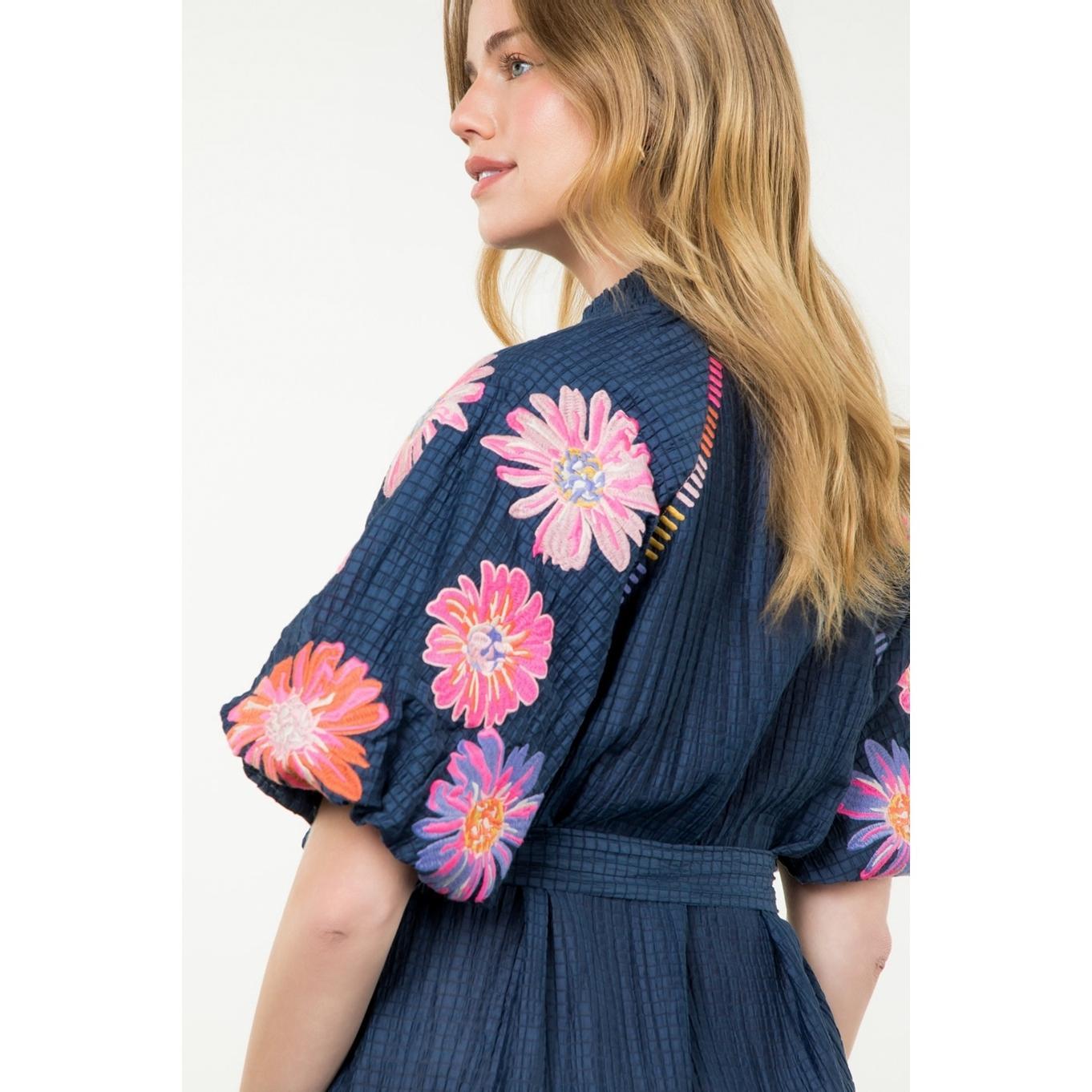 Embroidered Puff Sleeve Textured Dress