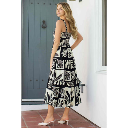 Shirred V-Neck Bodice Print Maxi Dress