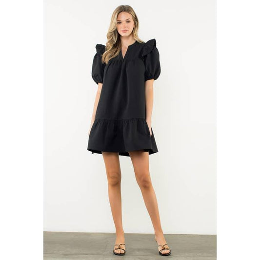 Notch Neck Ruffle Shoulder Puff Sleeve Dress