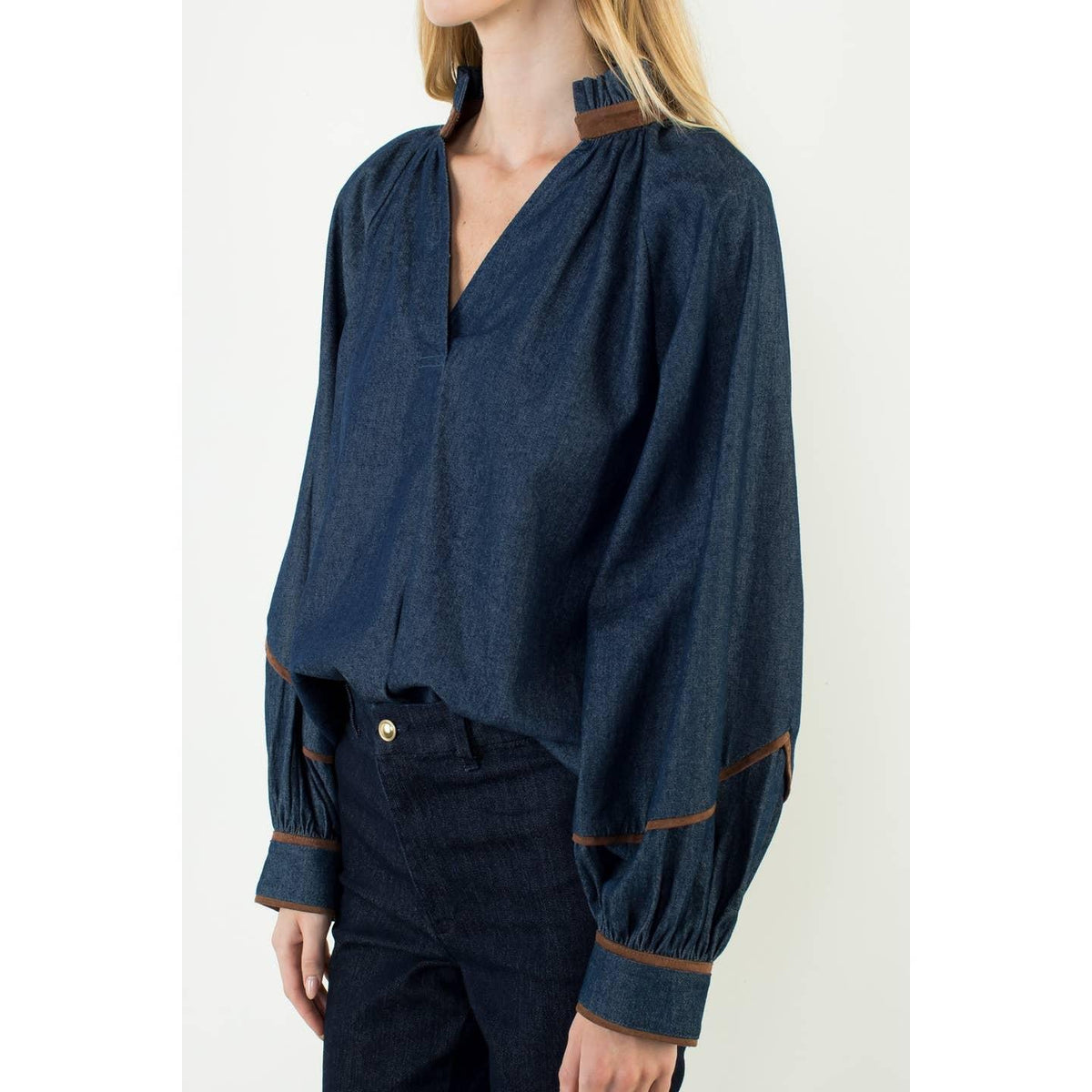 Denim High Low Top With Wide Sleeves