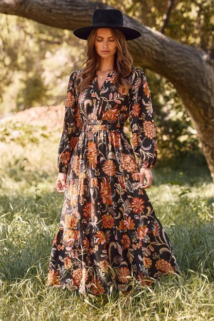 Plus Floral Printed Long Sleeve Midi Dress