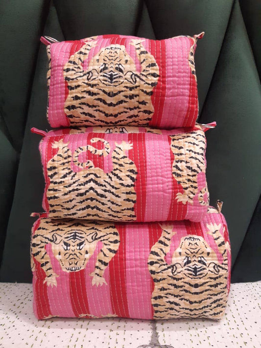 Pink Tiger Cotton Quilted Makeup Bag/Cosmetic Bag