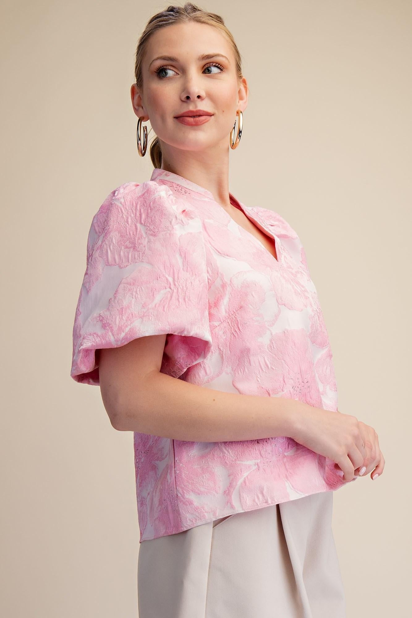 V-Neck Puff Sleeve Jacquard Top