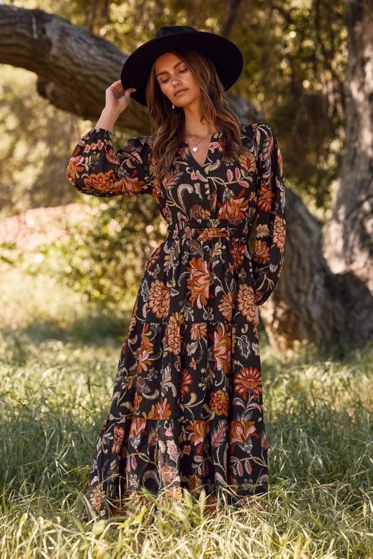 Plus Floral Printed Long Sleeve Midi Dress