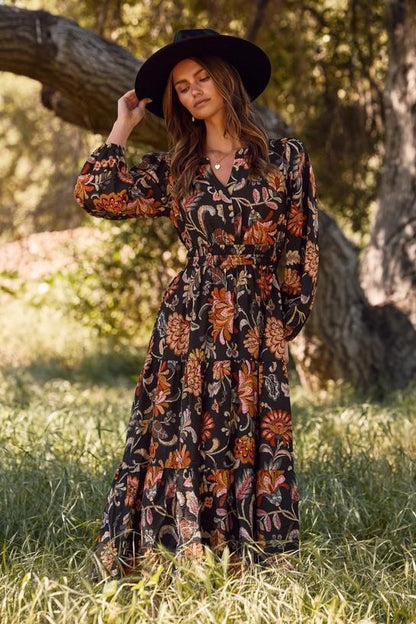 Plus Floral Printed Long Sleeve Midi Dress