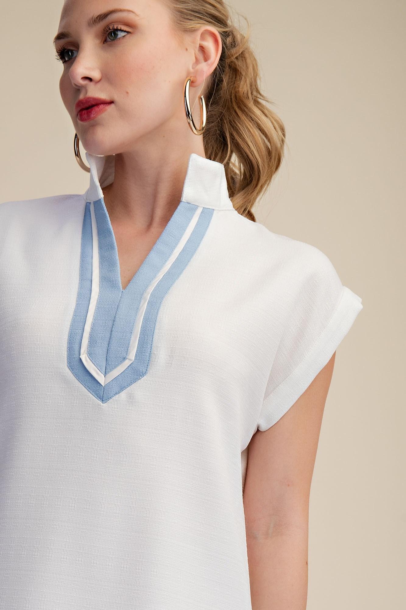 Stand Collar Contrast Placket Sleeveless Relaxed Fit Mini Dress