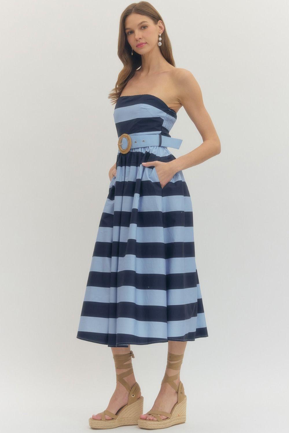 Striped Strapless Belted Midi Dress