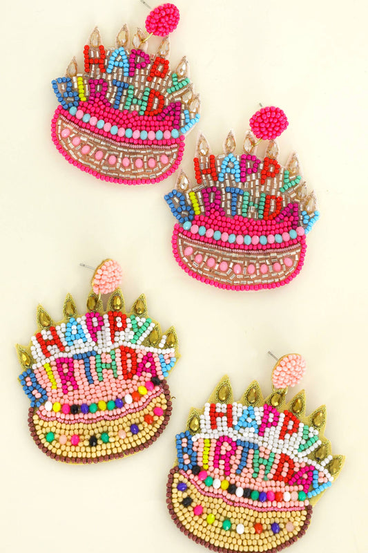Beaded & Jeweled "Happy Birthday" Cake Dangle Earrings