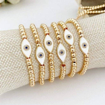 White Evil Eye Bracelet, Waterproof Bracelet, Gold Beaded Br