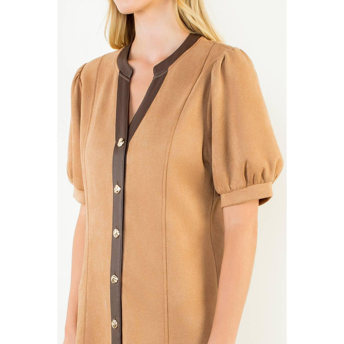 Suede Short Dress With Gold Buttons