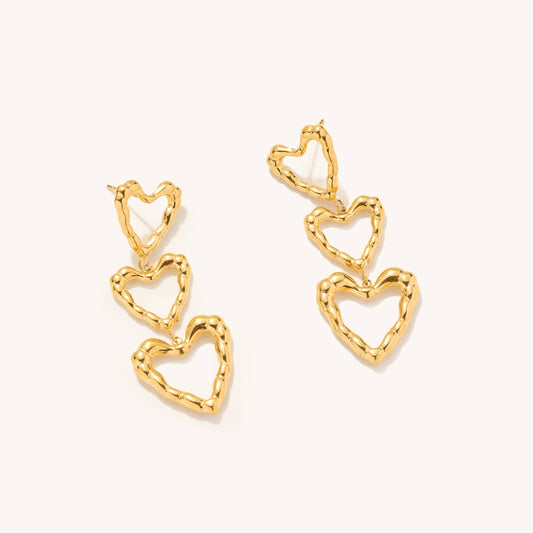 Triple Heart Drop Earrings- Gold
