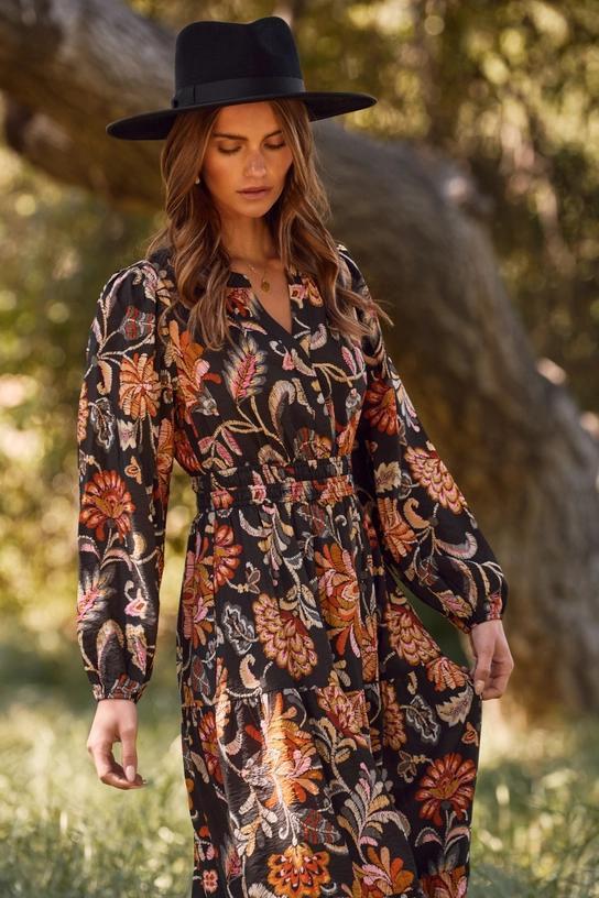 Plus Floral Printed Long Sleeve Midi Dress