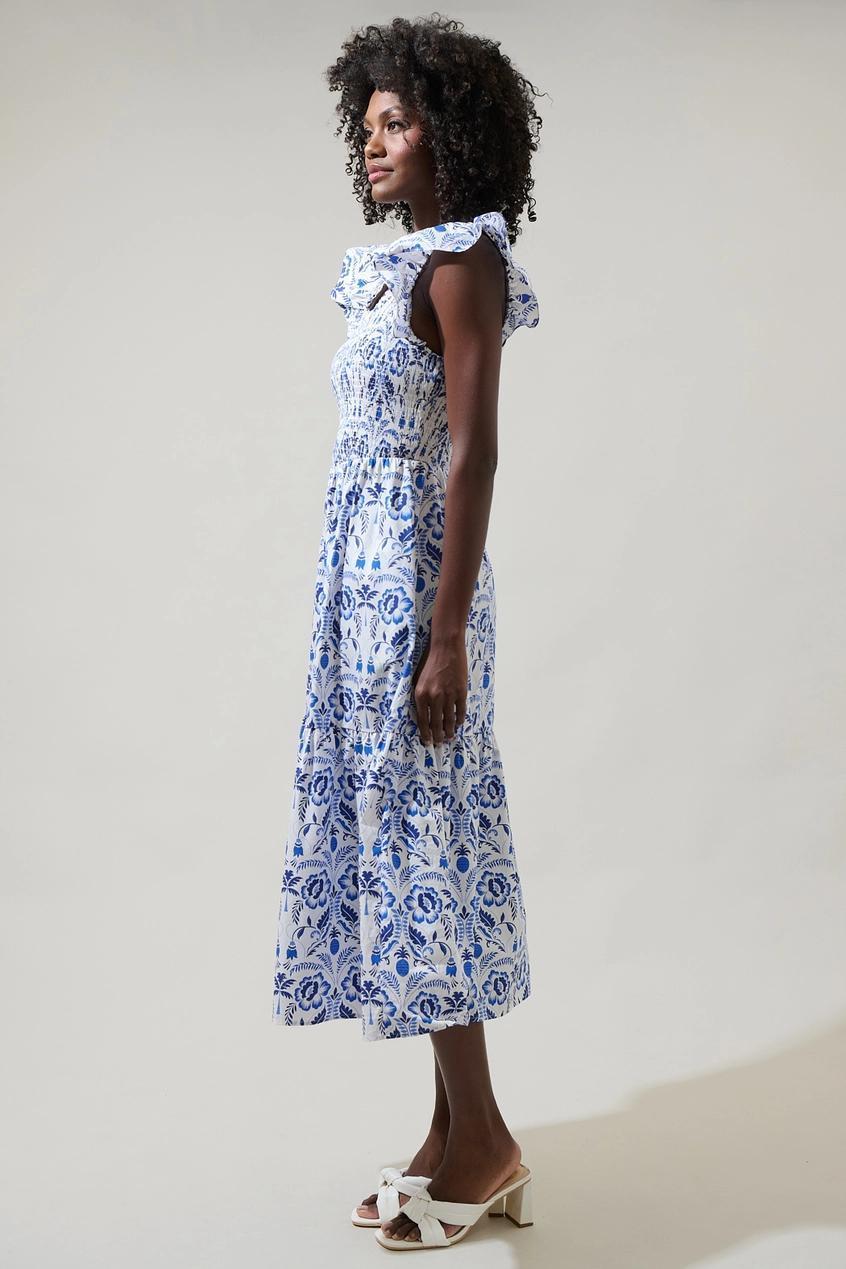 Marisol Floral Giza Glare Smock Tiered Midi Dress