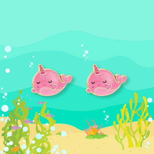 Glitter Pink Narwhal Cutie Stud Earrings